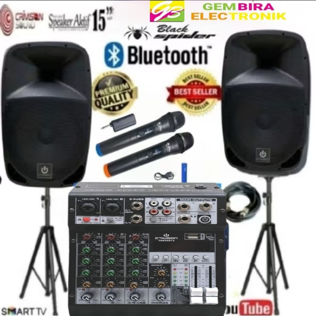 paket Speaker Aktif Pasif Crimson 15 inch dan mixer Crimsoj 4 channel Bluetooth Original