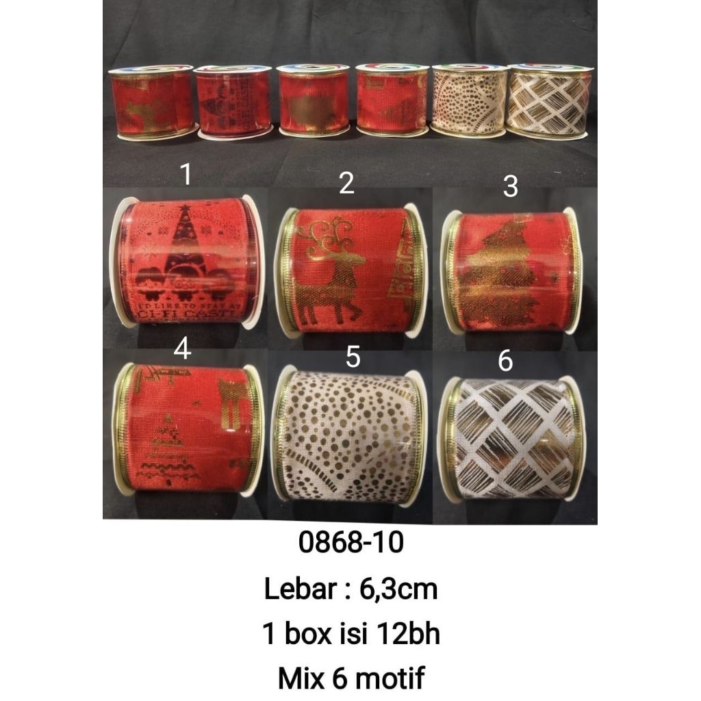 

0868 - 10 pita natal satuan ukr lbr 6,3cm pjg 2,7M mix 6 motif