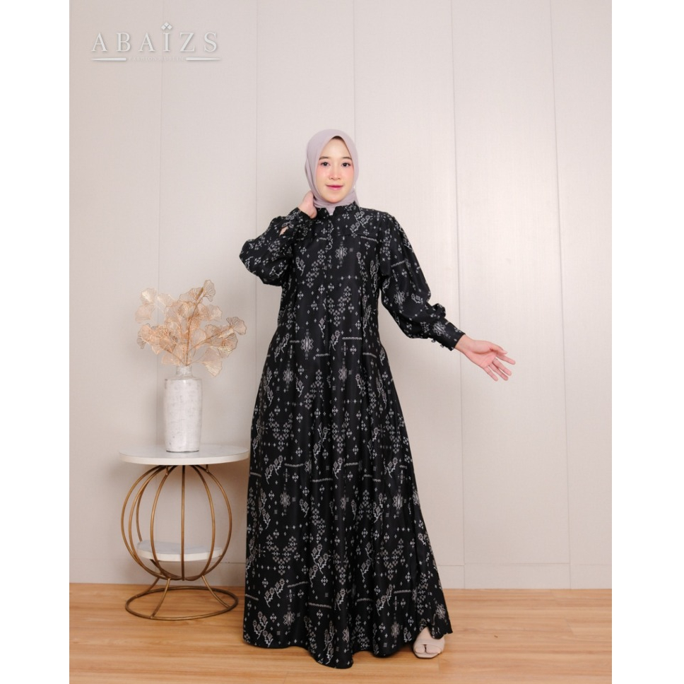 Abaizs - Gamis Motif Etnik Hitam Mewah Elegan Dress Wanita Muslim Premium