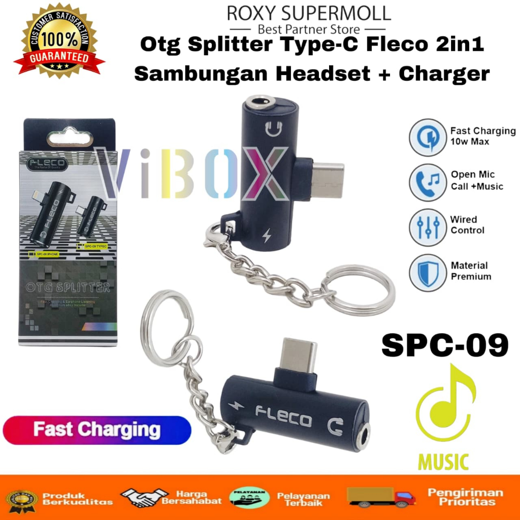 Fleco Spc-09 Tipe C 2in1 Converter Splitter Type C Android Charging & Audio Jack 3.5mm Music Headset