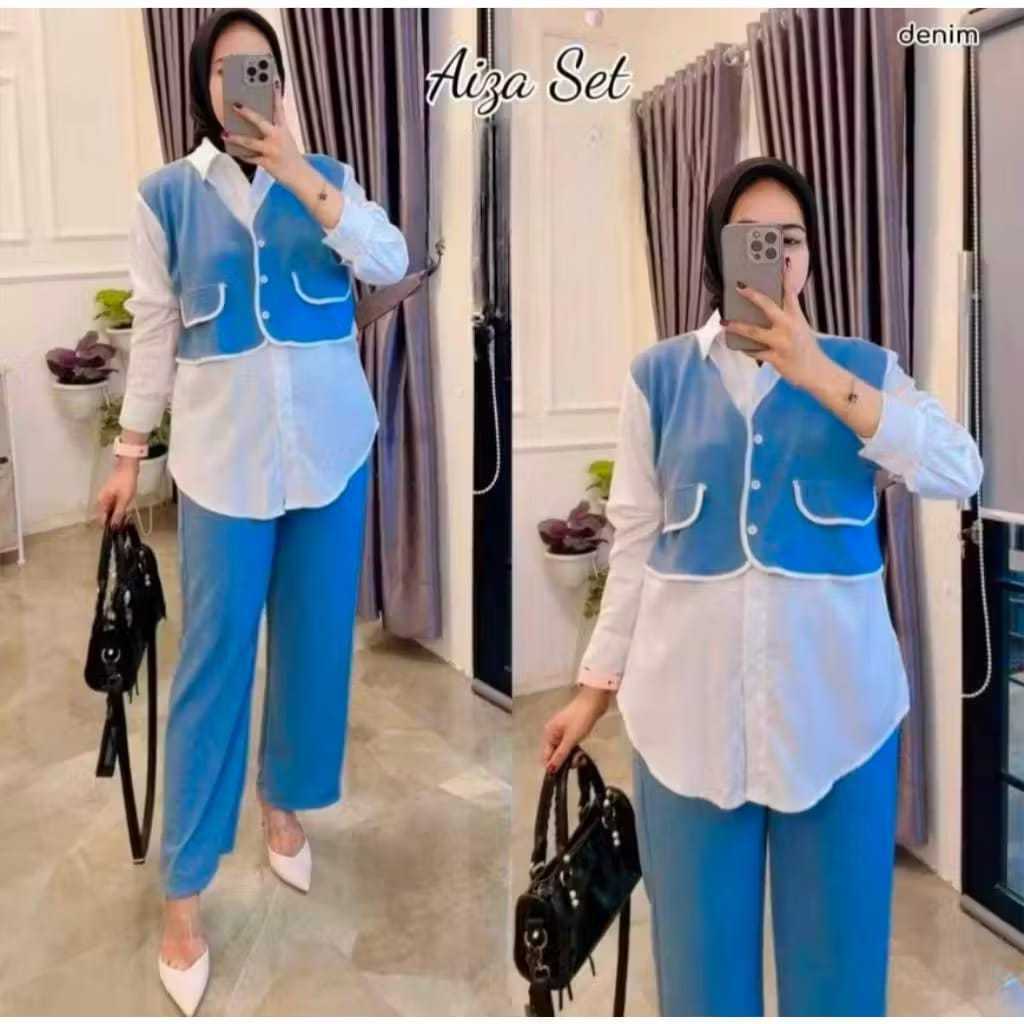 DEFAMI GROSIR- AIZA SET VEST LIST CRINKLE AIRFLOW LD 110 // SETELAN VEST POLOS // ONE SET POLOS // S