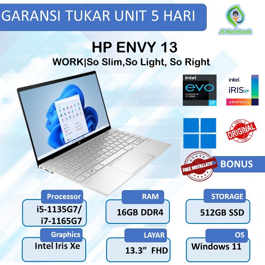 HP ENVY 13 I7 1165G7 16GB 512GB W11 13.3FHD IPS