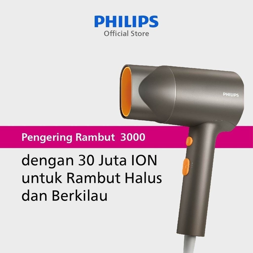 Philips | Hair Dryer 3000 | Pengering Rambut | 30 Juta Ion Untuk Rambut Halus dan Berkilau | Abu-abu