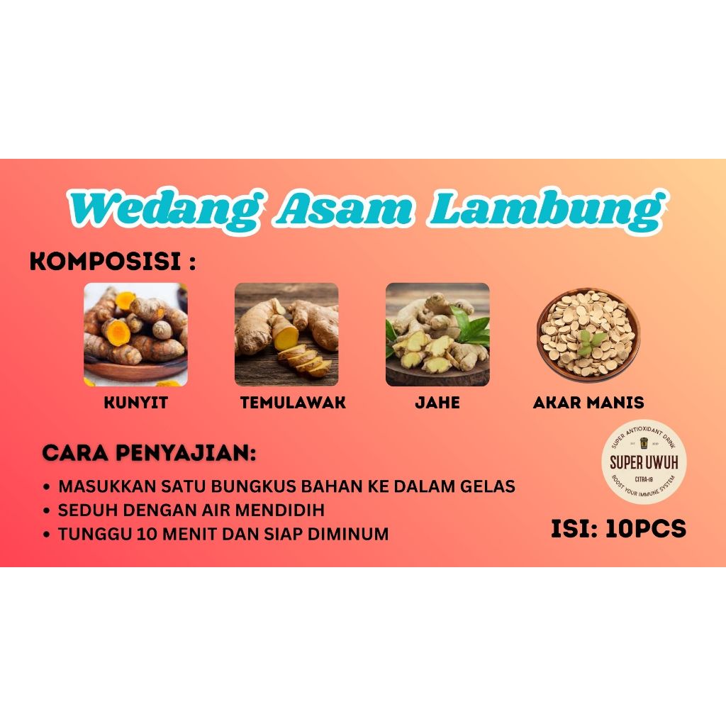 

Wedang Asam Lambung Isi 10pcs | Herbal Alami | Obat Herbal | Wedang | Minuman tradisional |obat tradisional
