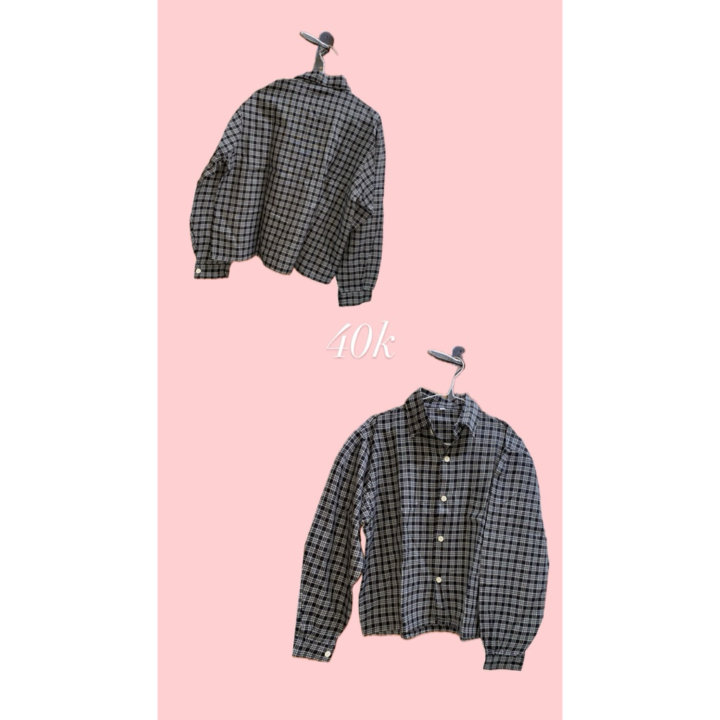 Preloved KEMEJA TARTAN CROP OVERSIZE TARTAN SHIRT BLOUSE KEMEJA MOTIF KOTAK PUFF