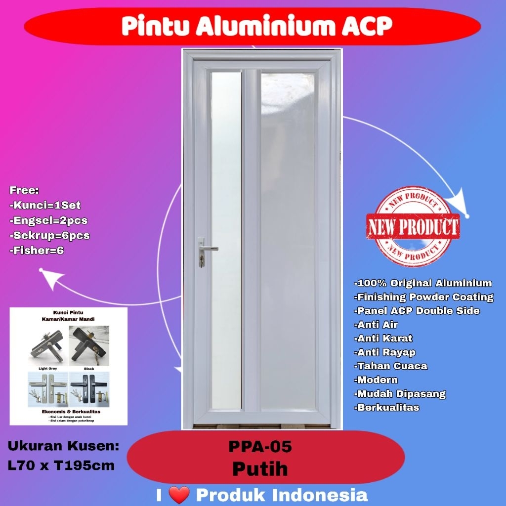 Pintu Full Aluminium Modern-PPA 05-Kaca Samping Es 5mm-Putih
