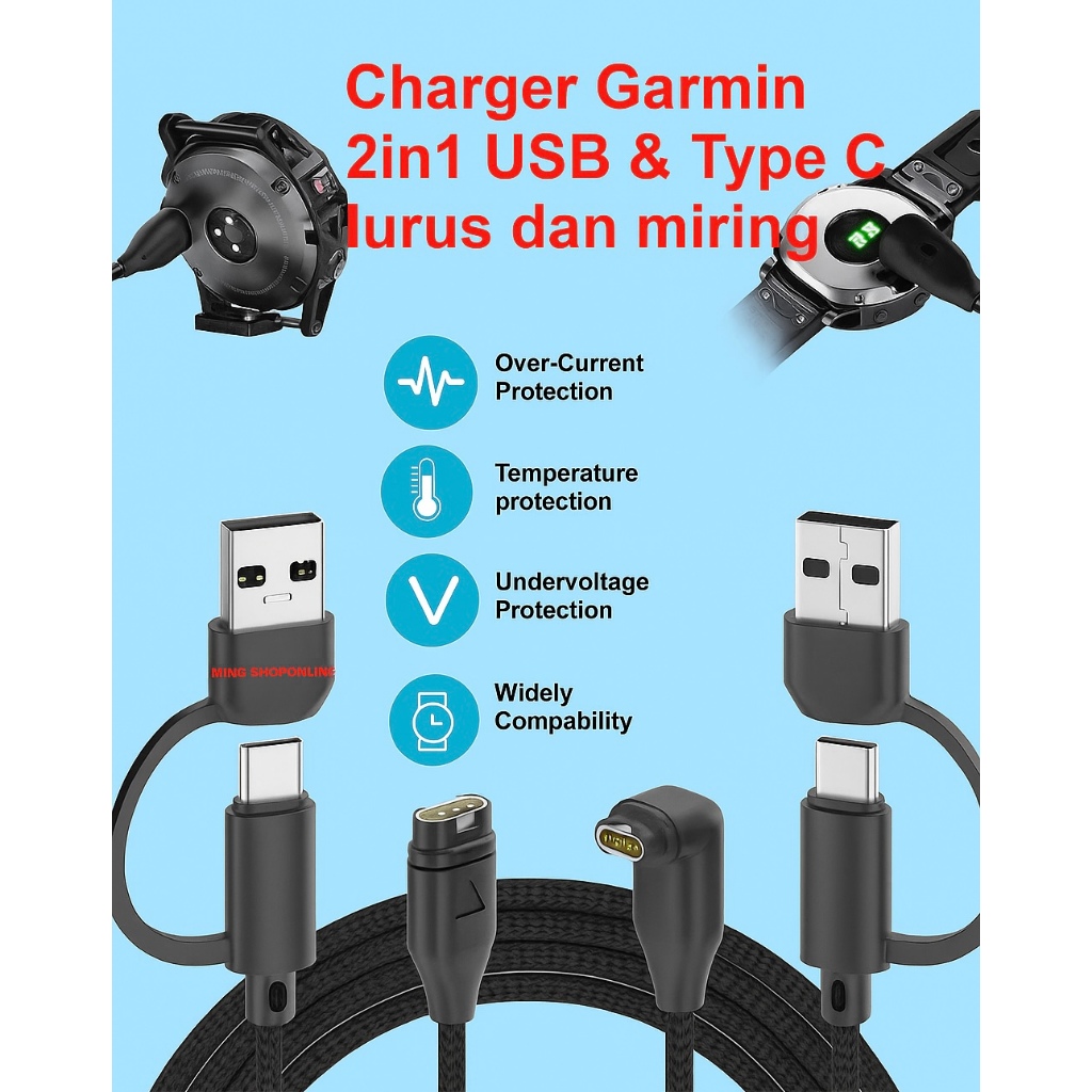 Charger Garmin 2 in 1 Type-C & USB-A Kabel Braid Charging Garmin 1 Meter bengkok dan lurus Watch Cha
