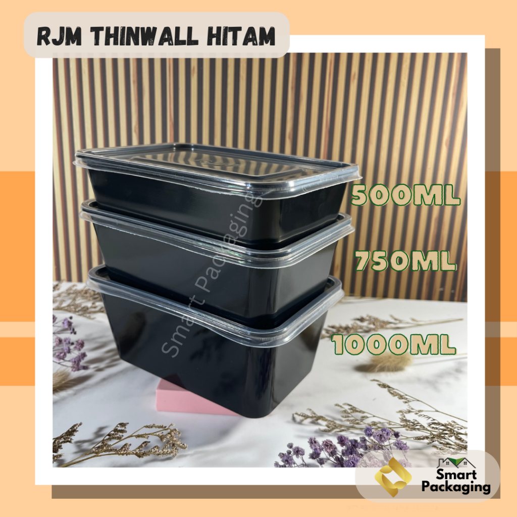[ISI 25 PCS] RJM Thinwall Food Container Hitam 500ml 750ml 1000ml / Tempat Makan Plastik / Wadah Bek