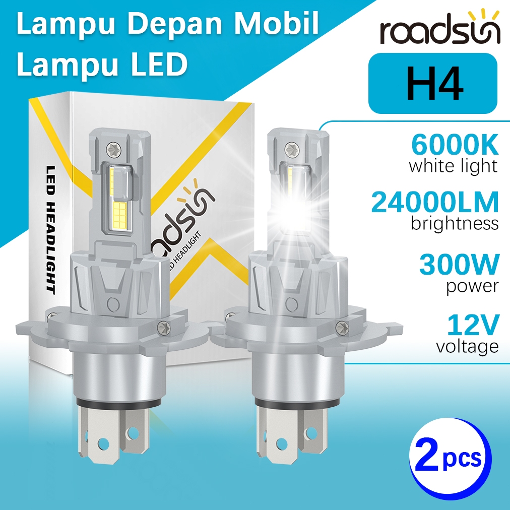 Roadsun Lampu Depan LED H4 24000 Lumen Super Bright 6000K Cahaya Putih CSP 12-24V 300W Plug & Play