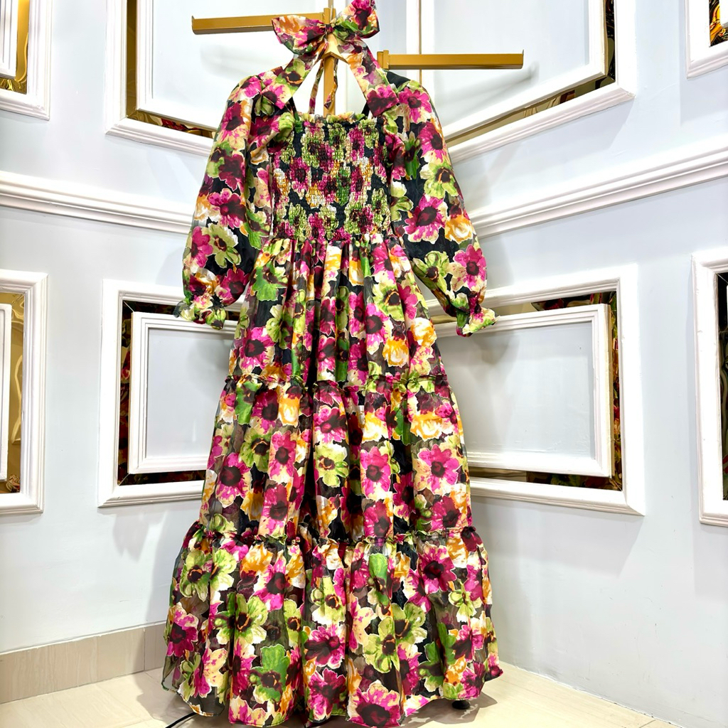 Dress Princess Organza Katun Floral Hijau-Pink