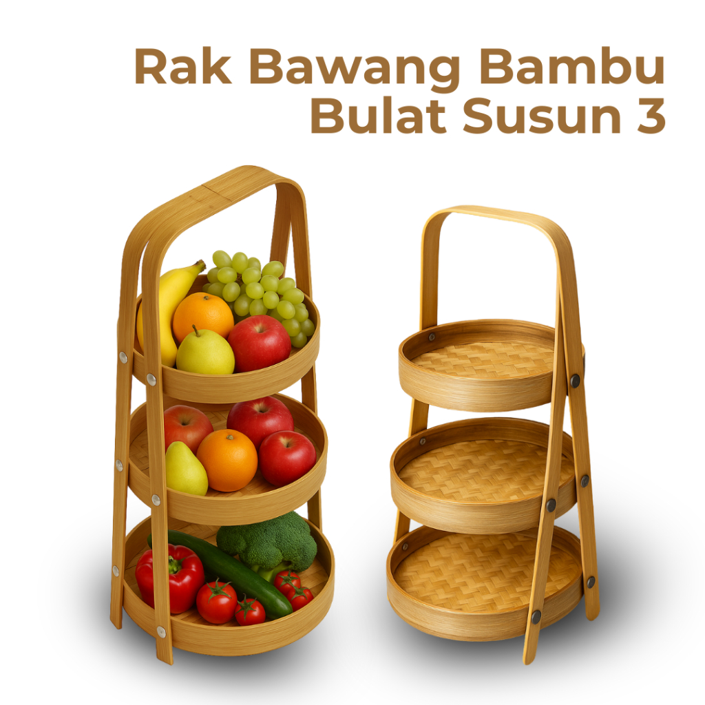 Anyaman / Rak Bambu Bawang Bulat Susun 3 Rak Bumbu & Buah Untuk Dapur Multifungsi Susun 3 Tingkat