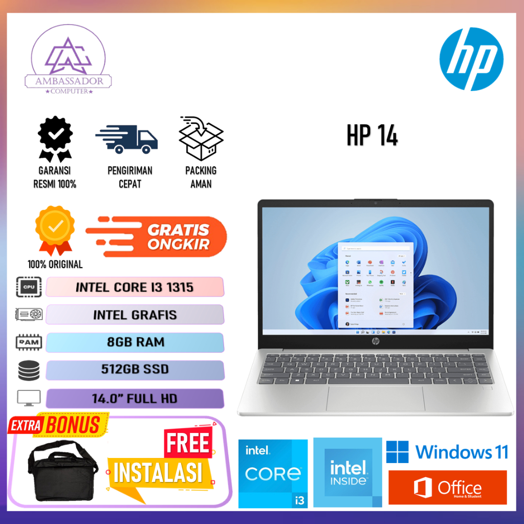 Hp 14 Intel I3 1315 ram 4Gb8Gb ssd 512Gb Layar 14.0" Full Hd