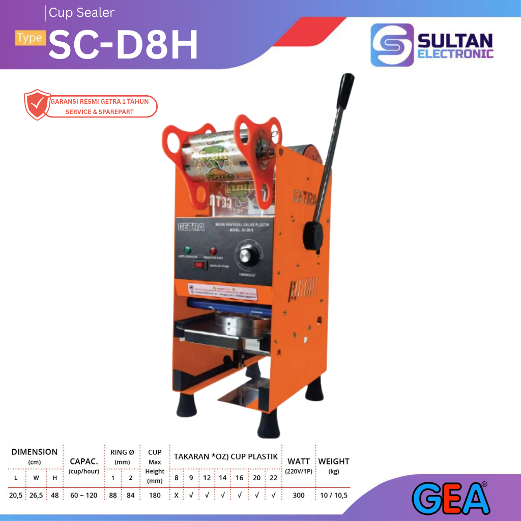 GETRA Cup Sealer SC-D8H / SC D8H / SCD8H Alat Penyegel Cup Press Minuman Boba