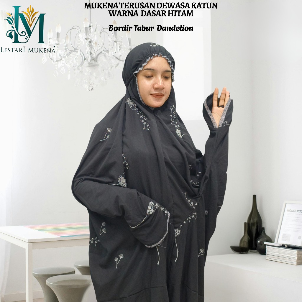 Mukena Terusan Dewasa Katun Polino Warna Hitam Motif Bordir Tabur Seribu Bunga Dandelion