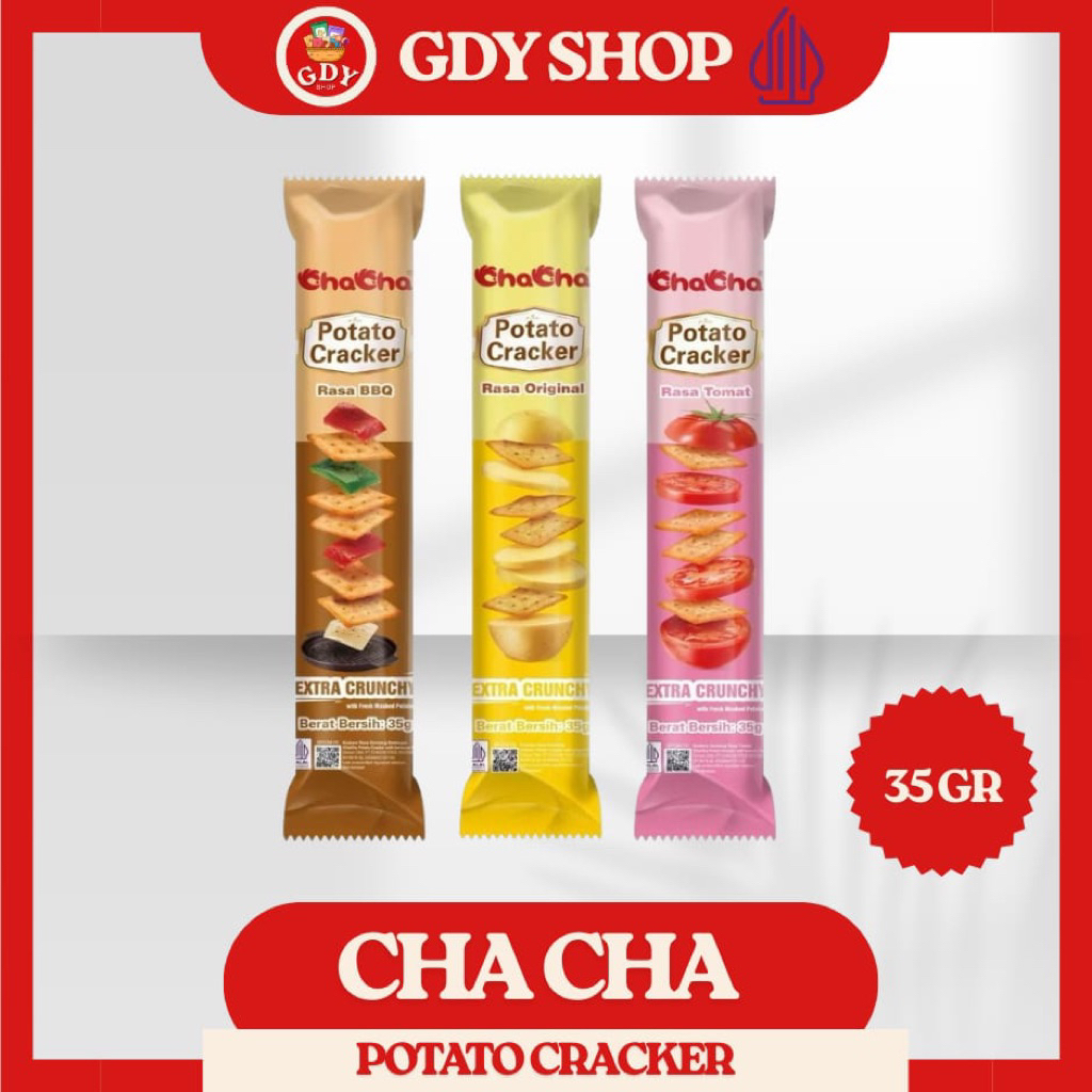 

MAKANAN RINGAN CHACHA POTATO CRACKER 35GR RASA ORIGINAL EXTRA CRUNCHY / TOMAT /BBQ
