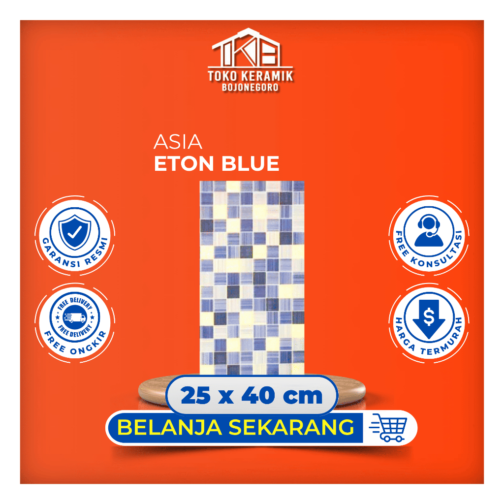Keramik Dinding Glossy Timbul Kilap Motif Kotak-Kotak 25x40 cm Asia | Eton Blue kw C