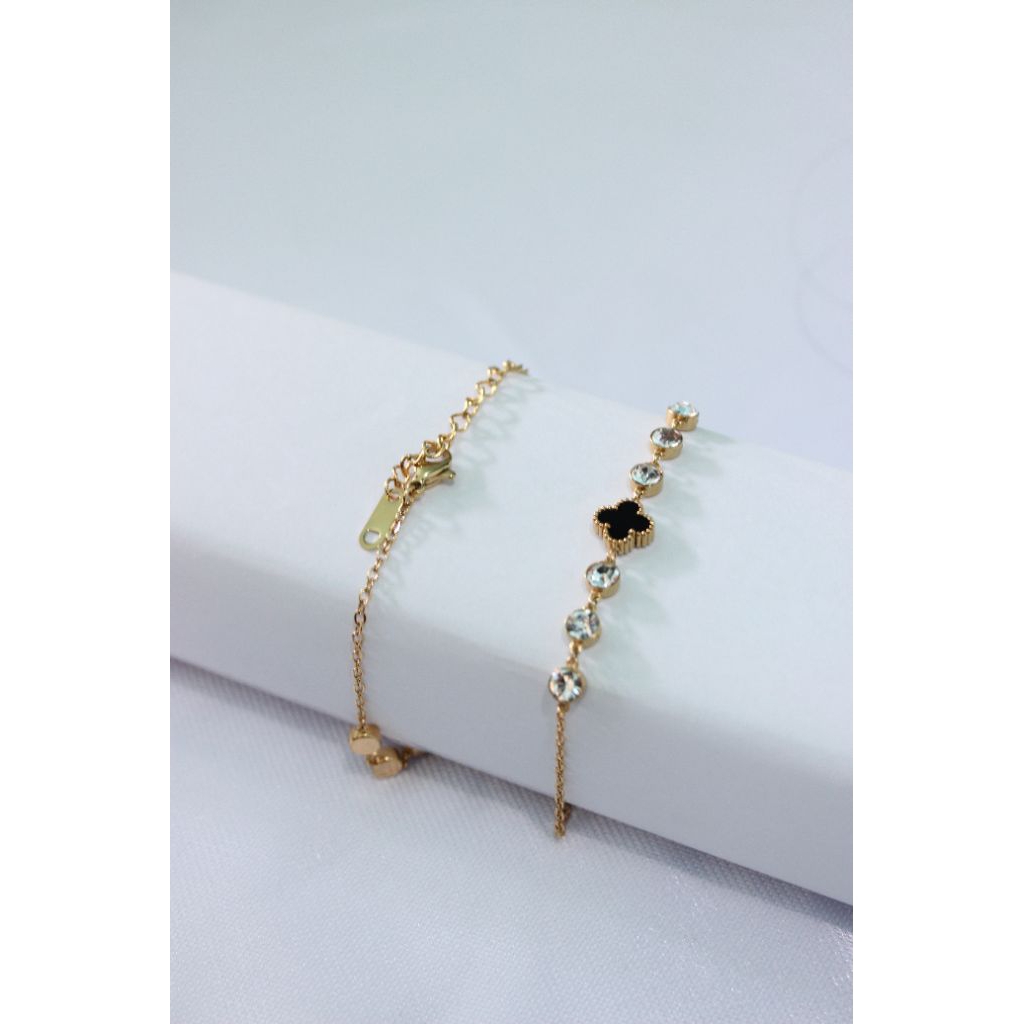 Gelang Rantai Tangan Titanium Wanita Clover Mata Hitam|Gelang Clover Titanium Wanita