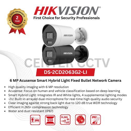 DS-2CD2063G2-LI - HIKVISION IP 6MP ACUSENSE SMART HYBRID LIGHT BULLET CAMERA  Cctv camera Kamera Wif