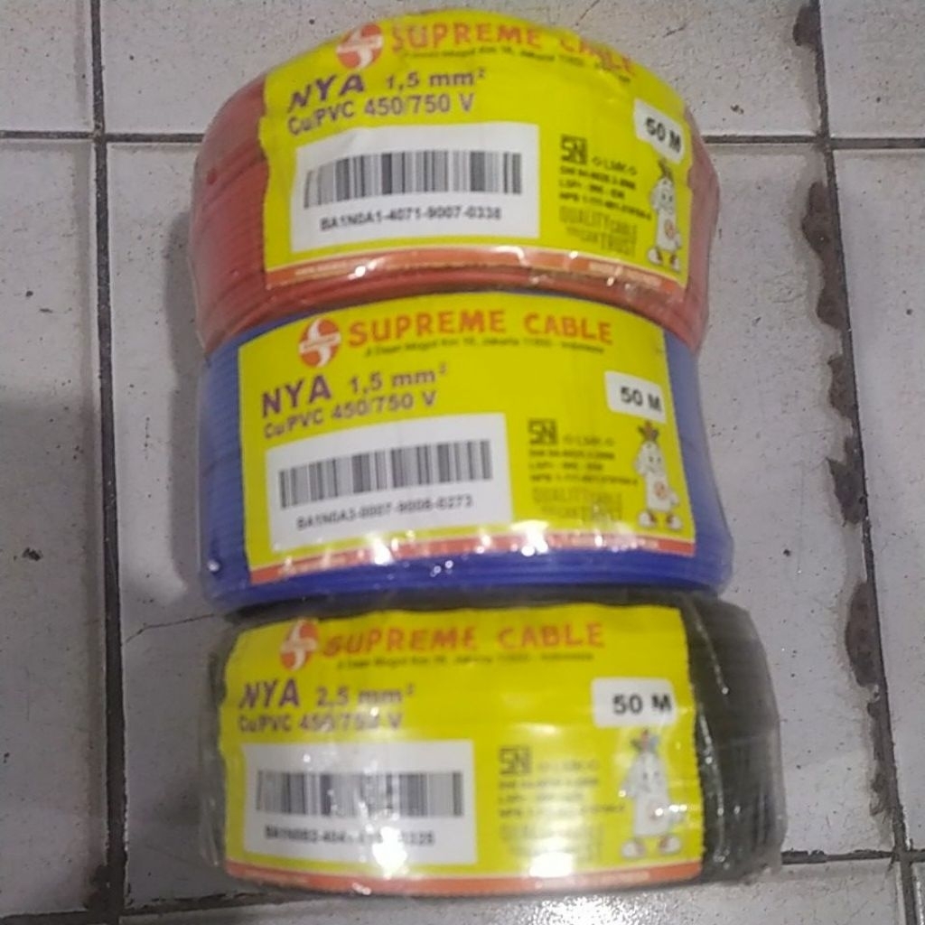 kabel supreme NYA 1,5mm panjang 50 meter, warna merah hitam biru kuning