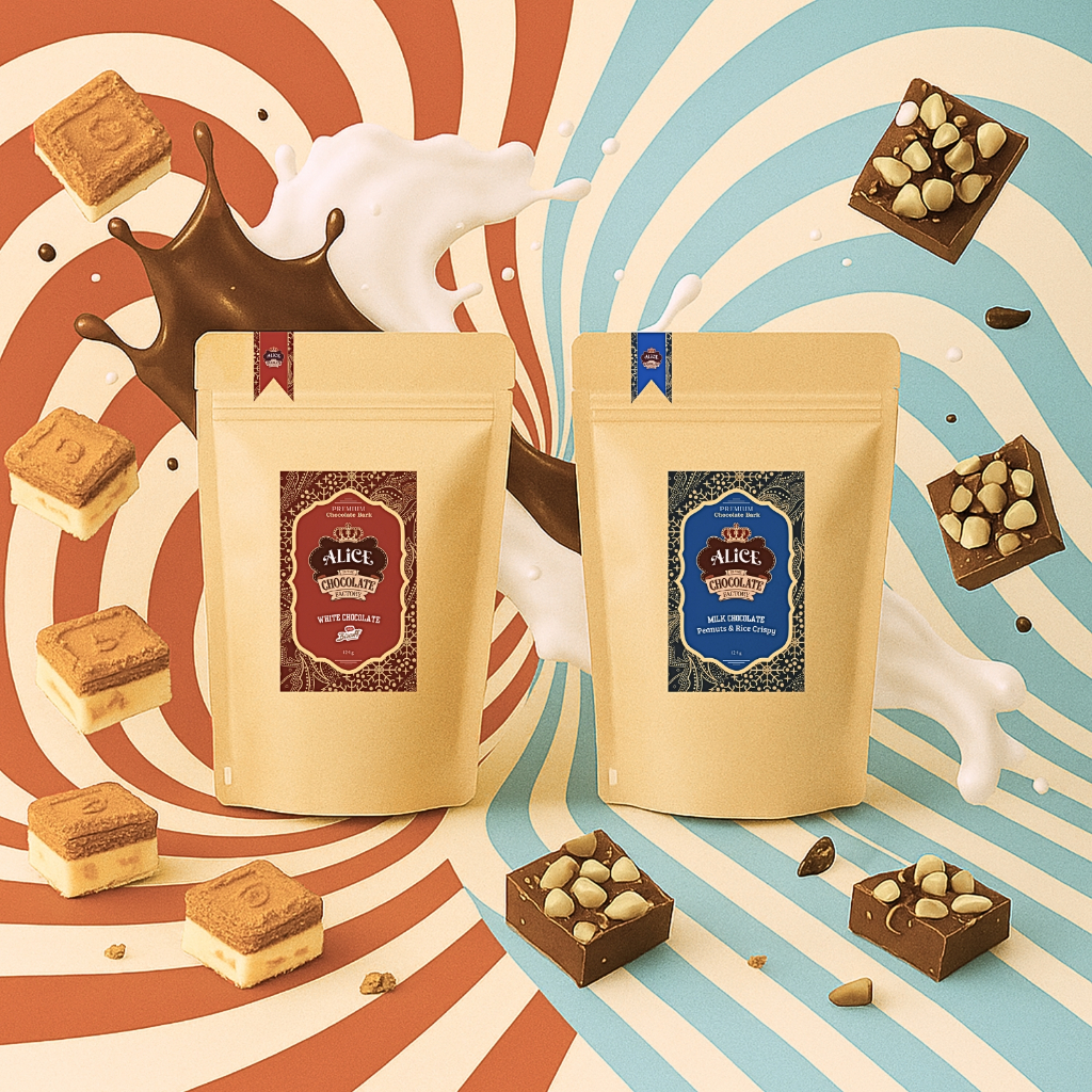 

ALICE CHOCOLATE - Duo Delight! (2 pcs) White Lotus Biscoff & Milk Nuts | Bundling 2 Pouch - White Lotus Biscoff & Milk Nuts