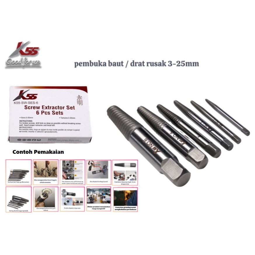 K55 6Pcs Set Tap Balik Untuk Cabut Sekrup Patah / Mata Bor Pencabut Mudah Sekrup Patah, Tap Balik 6 