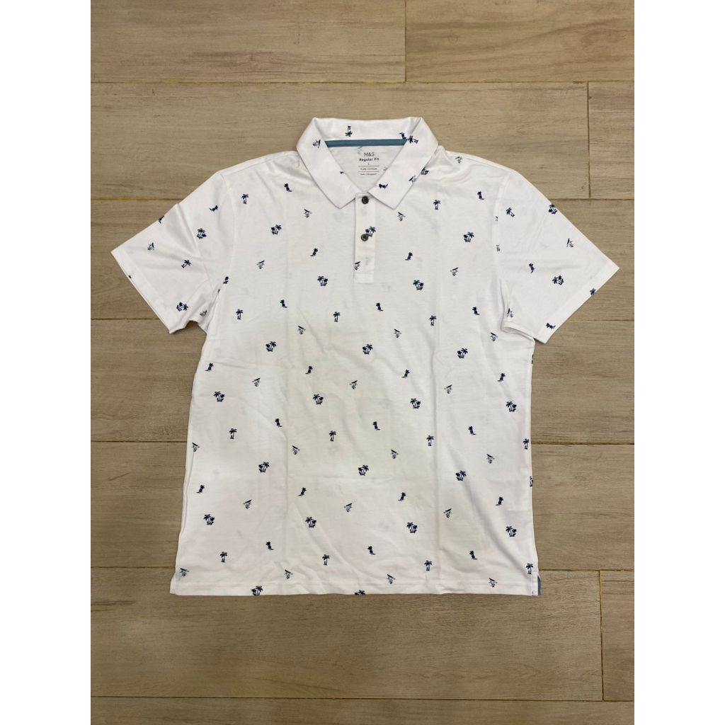 Polo Shirt Pria Marks & Spencer Putih Motif Hawai Size L Second