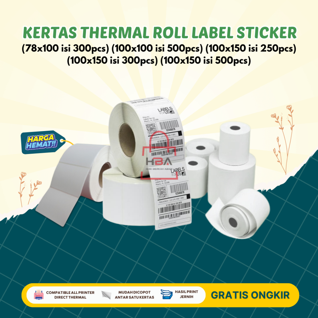 

Kertas Thermal ROLL Uk 78x100 100x100 100x150 Isi 500 PCS Cetak Sticker Printer Resi Paket Usaha Online Shop