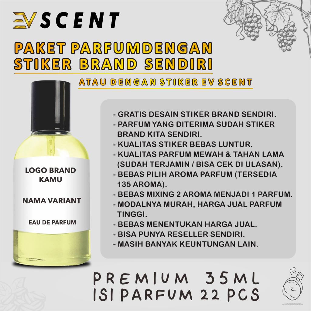 EV SCENT (KL) - PAKET USAHA PARFUM DENGAN STIKER BRAND SENDIRI ISI 22 PCS UKURAN 35 ML (PREMIUM) - E