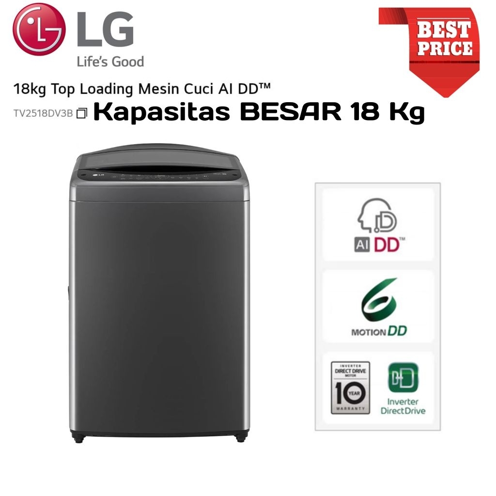 LG Mesin Cuci Top Loading INVERTER Kapasitas 18 Kg TV2518DV3B Inverter Top Loading LG 18KG With AI D