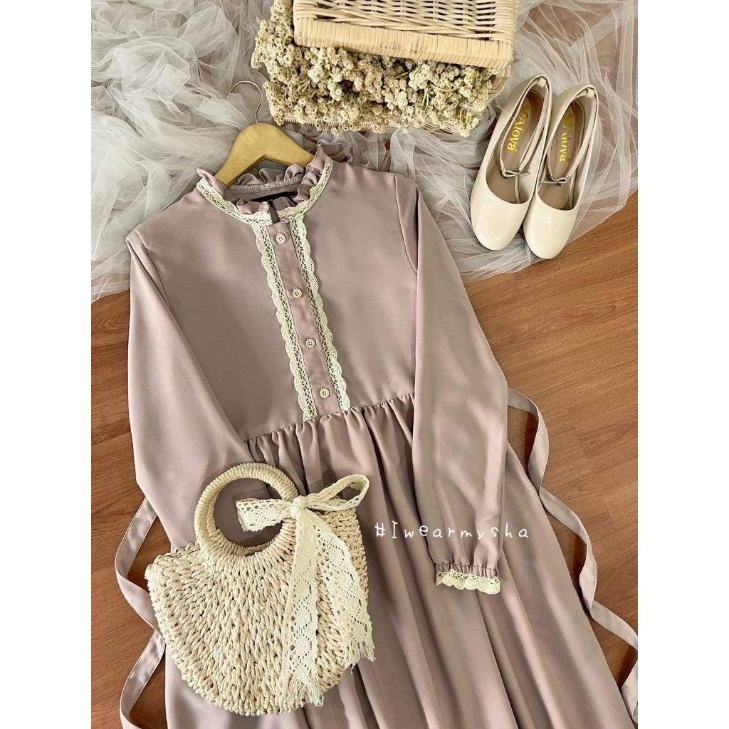 PROMO / BAHAN PREMIUM / Mysha Iwearmysha EMILY DRESS : PEANUT LATTE Gamis Polos Korean Dress Style