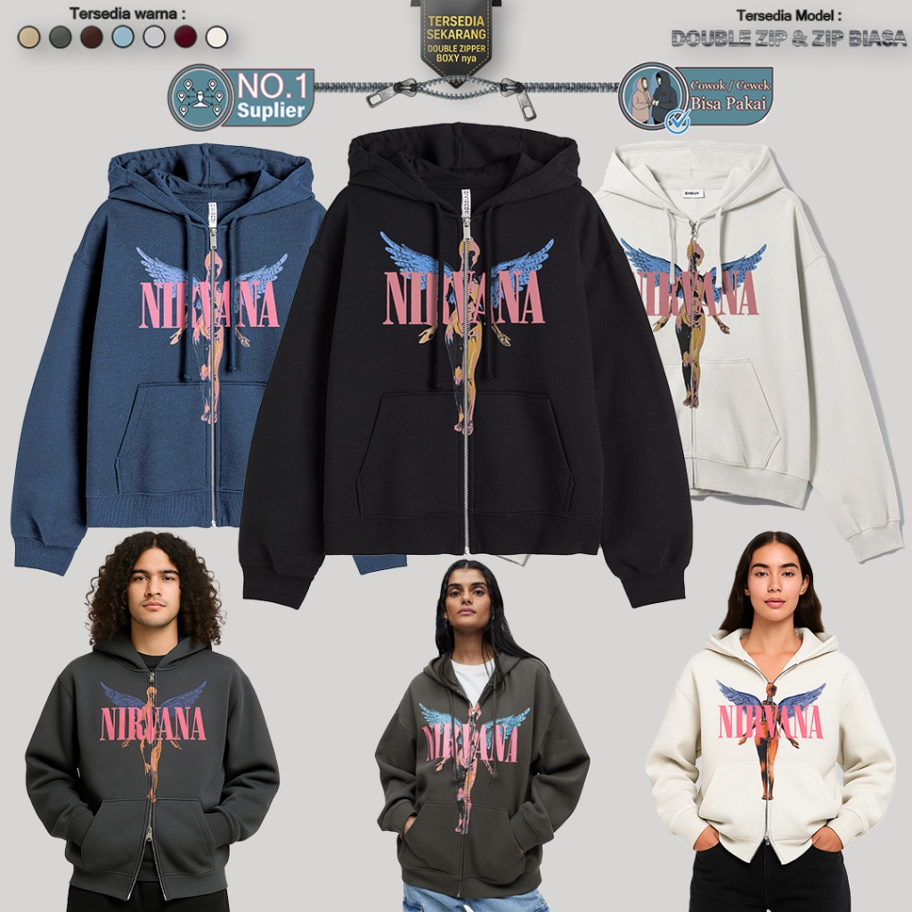 Zipper Boxy NIRVANA IN UTERO PINK BLUE ANGEL Oversize Cowo Cewe Bisa Pakai Lengan Balon - Hoodie Zip