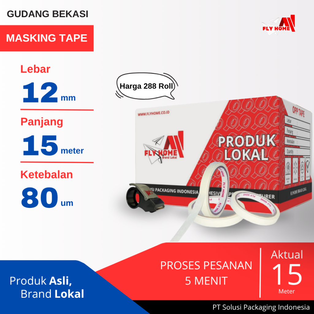 

FLYHOME 1Dus Lakban Kertas 12x15M 1/2inchi Masking Tape 15meter CARGO
