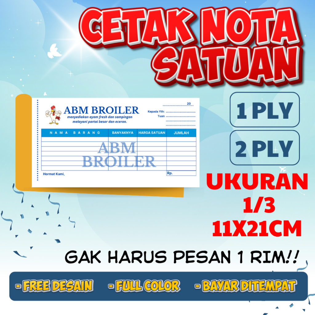 

Cetak nota Custom nama toko sendiri full color ukuran 11x21cm 1/3 polio 1 ply 2 ply