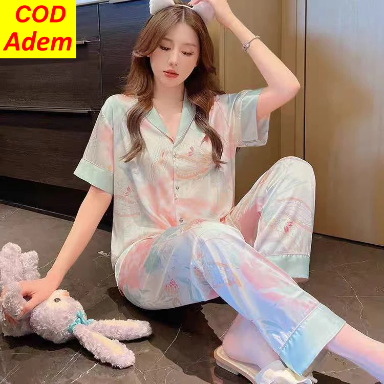 [COD]piyama wanita sutra es lengan pendek elegan setelan baju tidur wanita korea style motif bunga