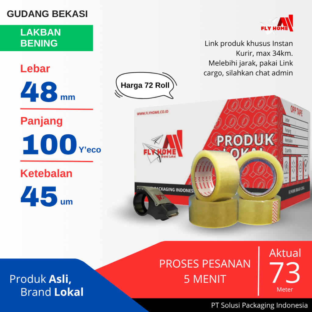 

FLYHOME 1Dus Lakban Bening 48x100Y 2inchi Solasi Uk Besar 72Roll ECO 100 yard INSTAN