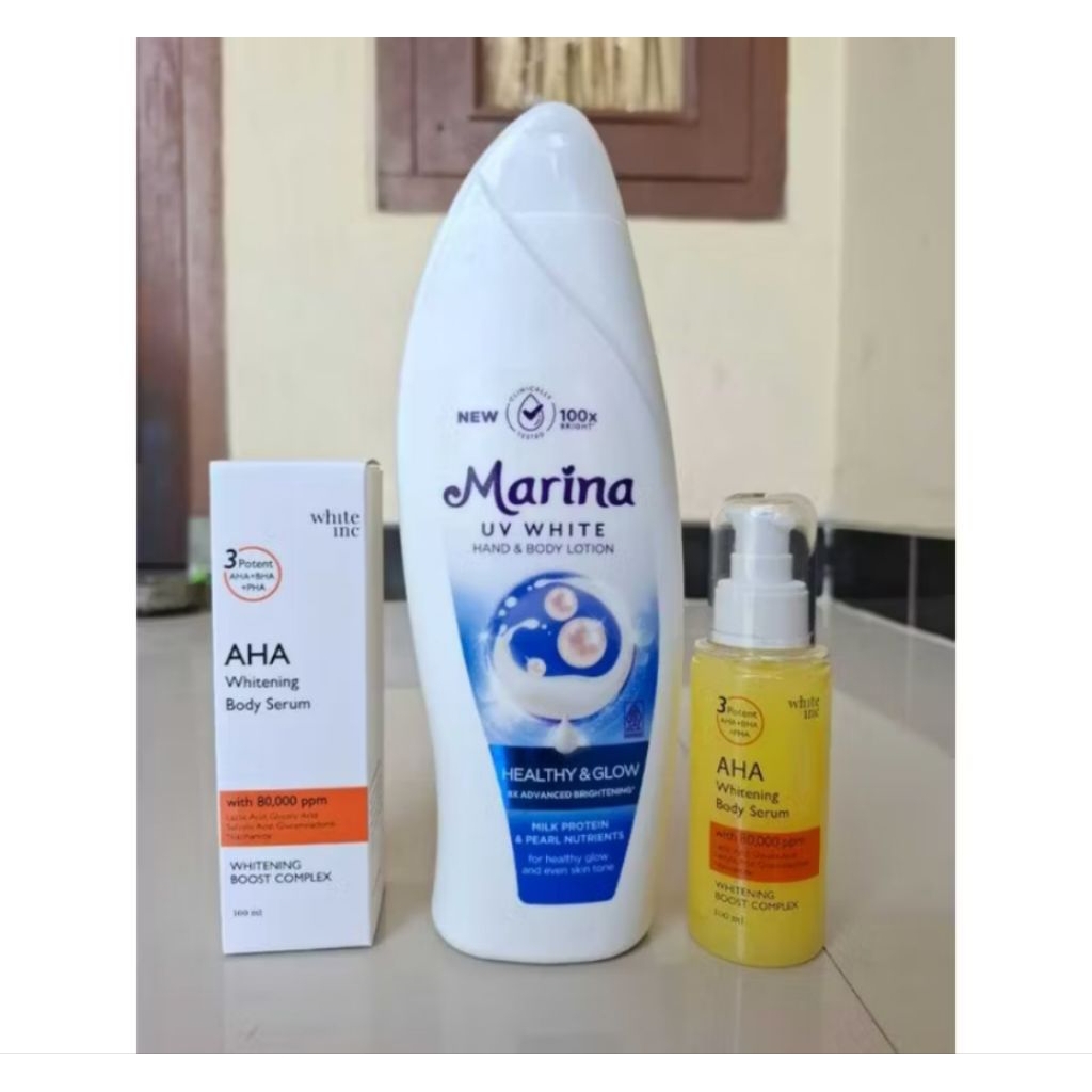 Paket Besar MARINA HEALTHY & GLOW 460ML | AHA Whitening Body Serum White Inc 100ml membantu Mencerah