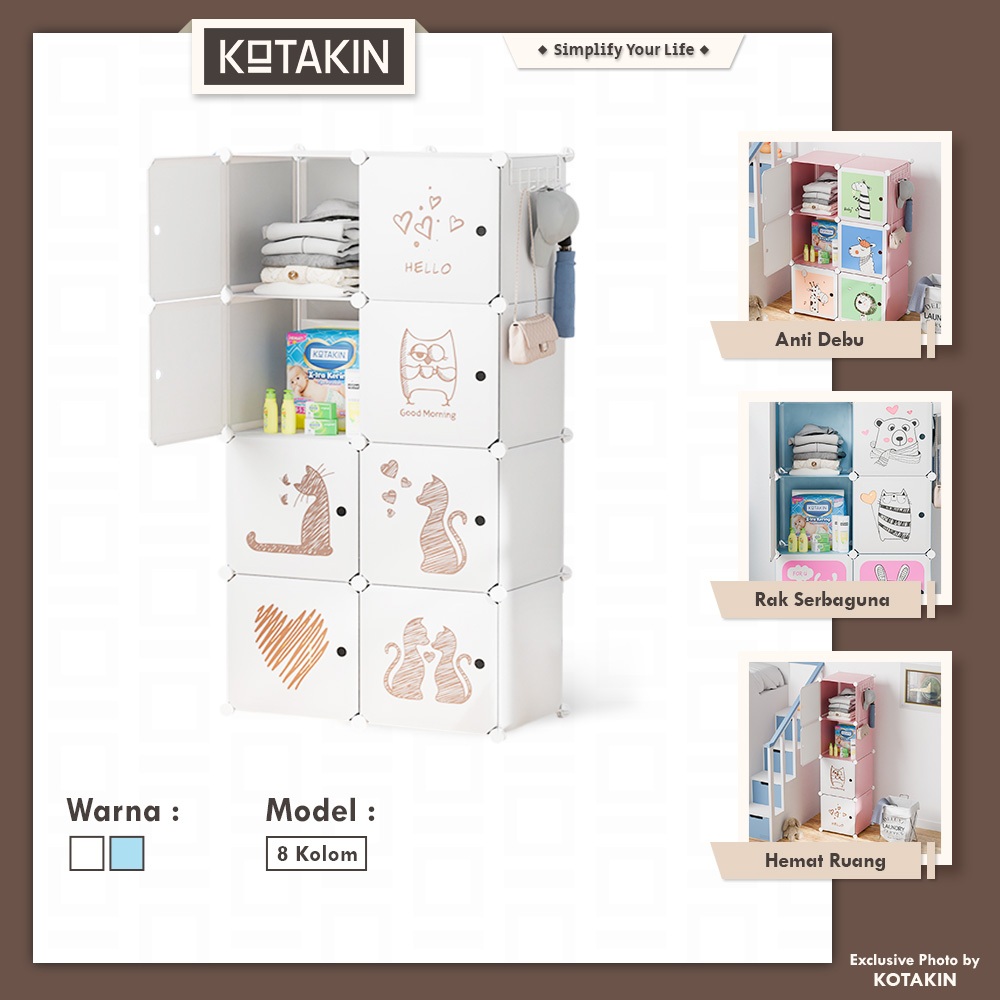 KOTAKIN Lemari 8 Pintu Rak Baju Plastik Susun Pakaian Anak Bayi Portable Bongkar Pasang