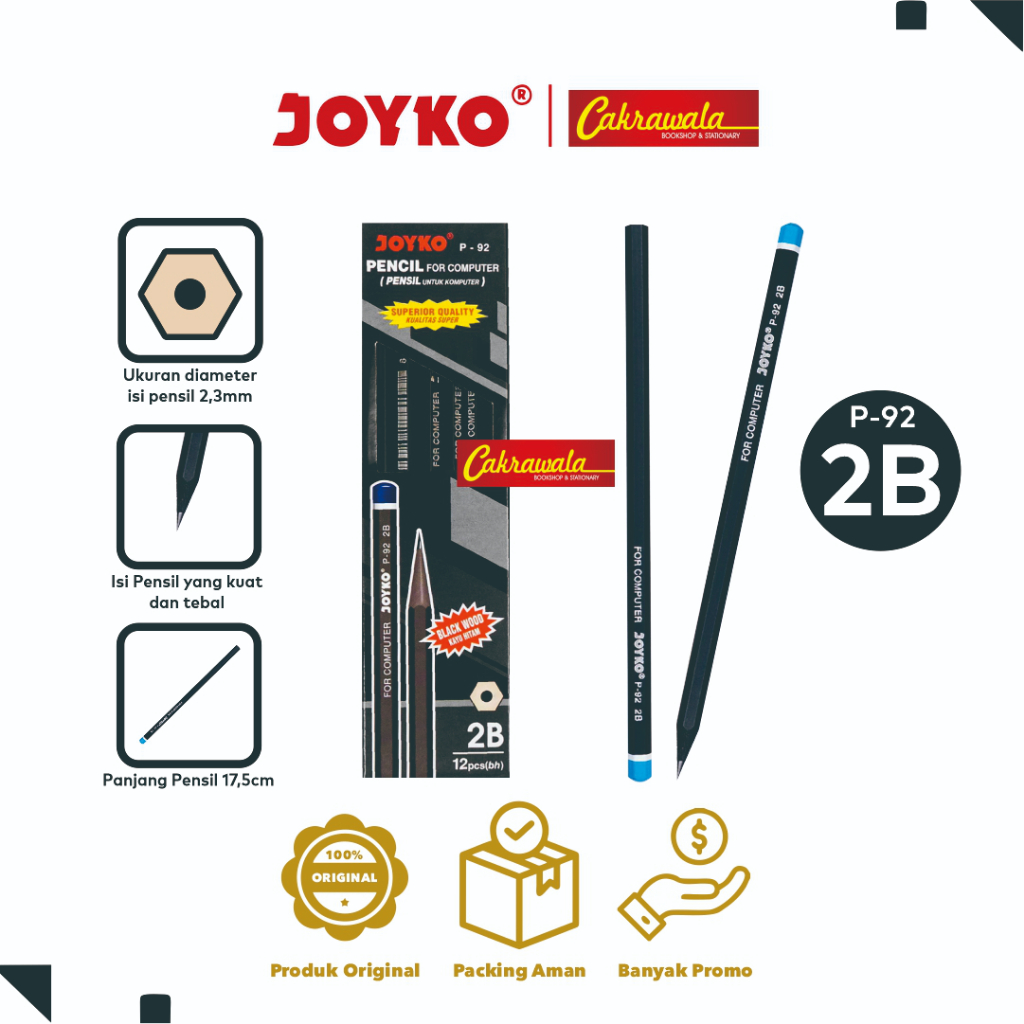 

JOYKO Pensil 2B P-92 | Pensil Kayu Hitam | Pensil untuk Sekolah Menulis & Menggambar | Pensil Ujian