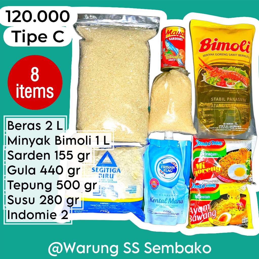 

Paket Sembako 120ribu Tipe C - Beras Minyak Goreng Bimoli Gula Pasir Sarden Susu Kental Manis Tepung Indomie