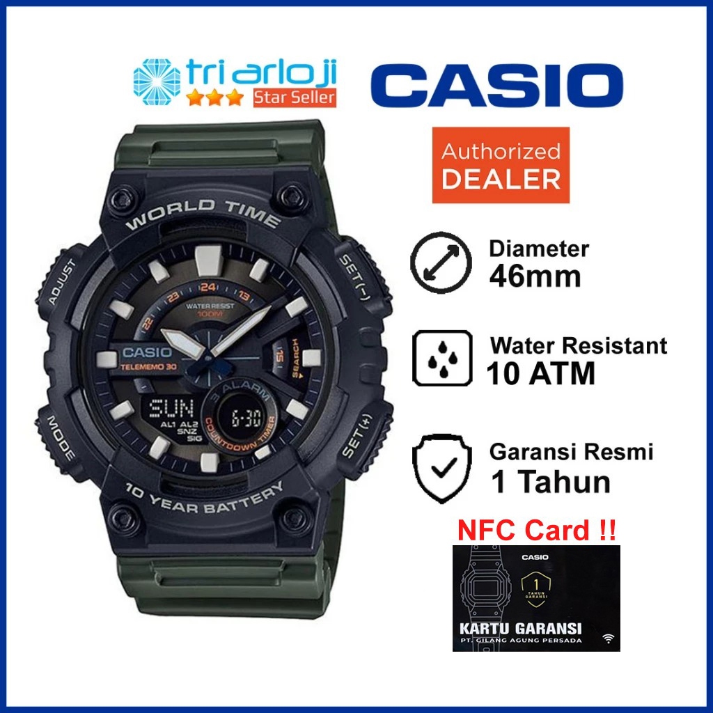 CASIO AEQ-110W-3AVDF Jam Tangan Pria Analog Digital Hijau Army AEQ110W AEQ-110W-3A