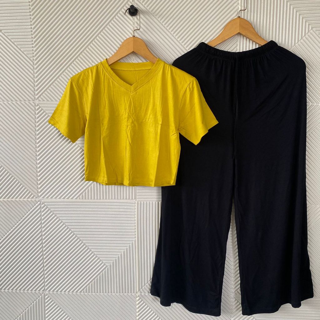 Setelan Celana Panjang Wanita/Set Polos Crop V-neck lengan Pendek/One Set Crop Wanita Spandek rayon