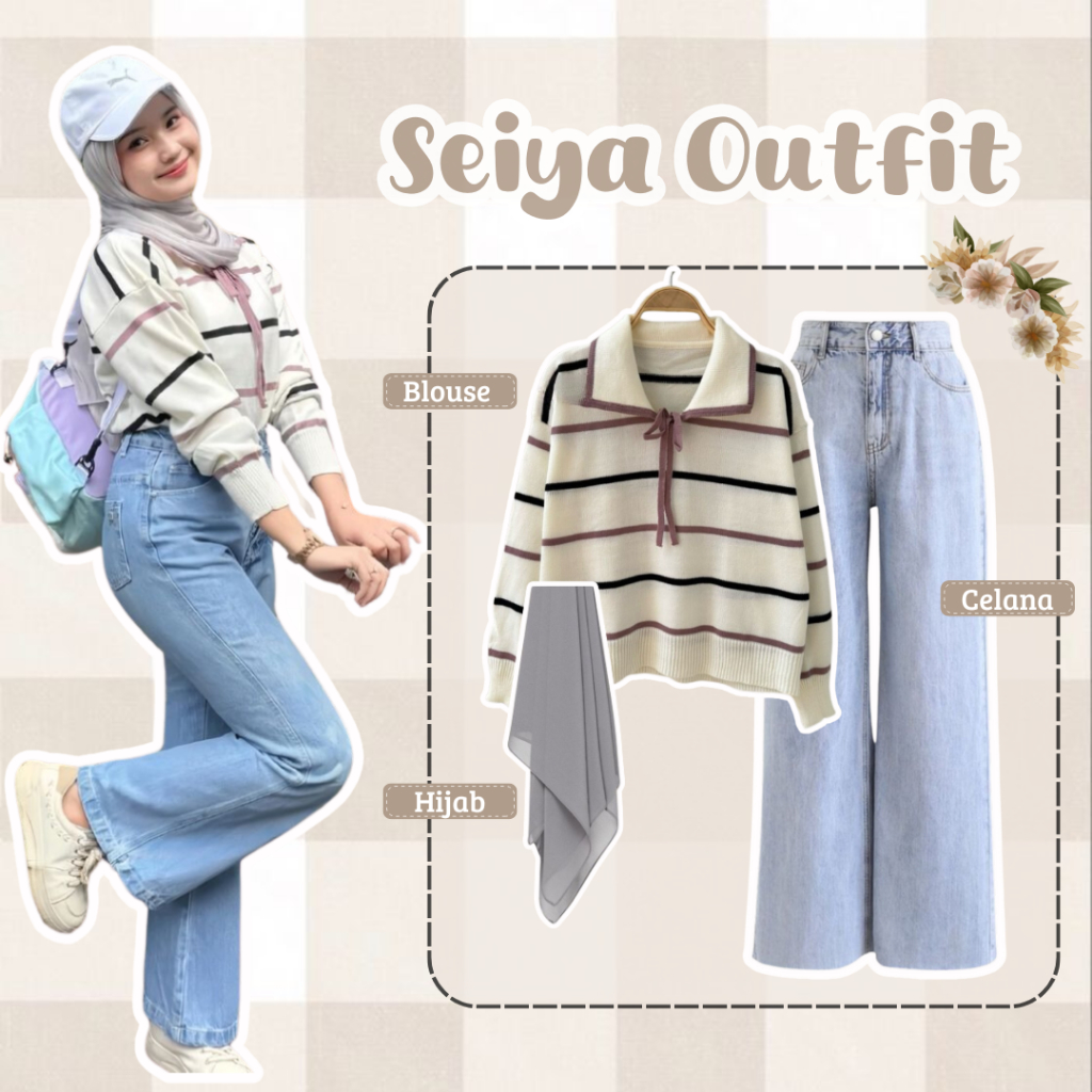 One Set Seiya Outfit ( Blouse + Celana Jeans + Hijab ) Ootd Korean Style | Fashion Wanita Kekinian
