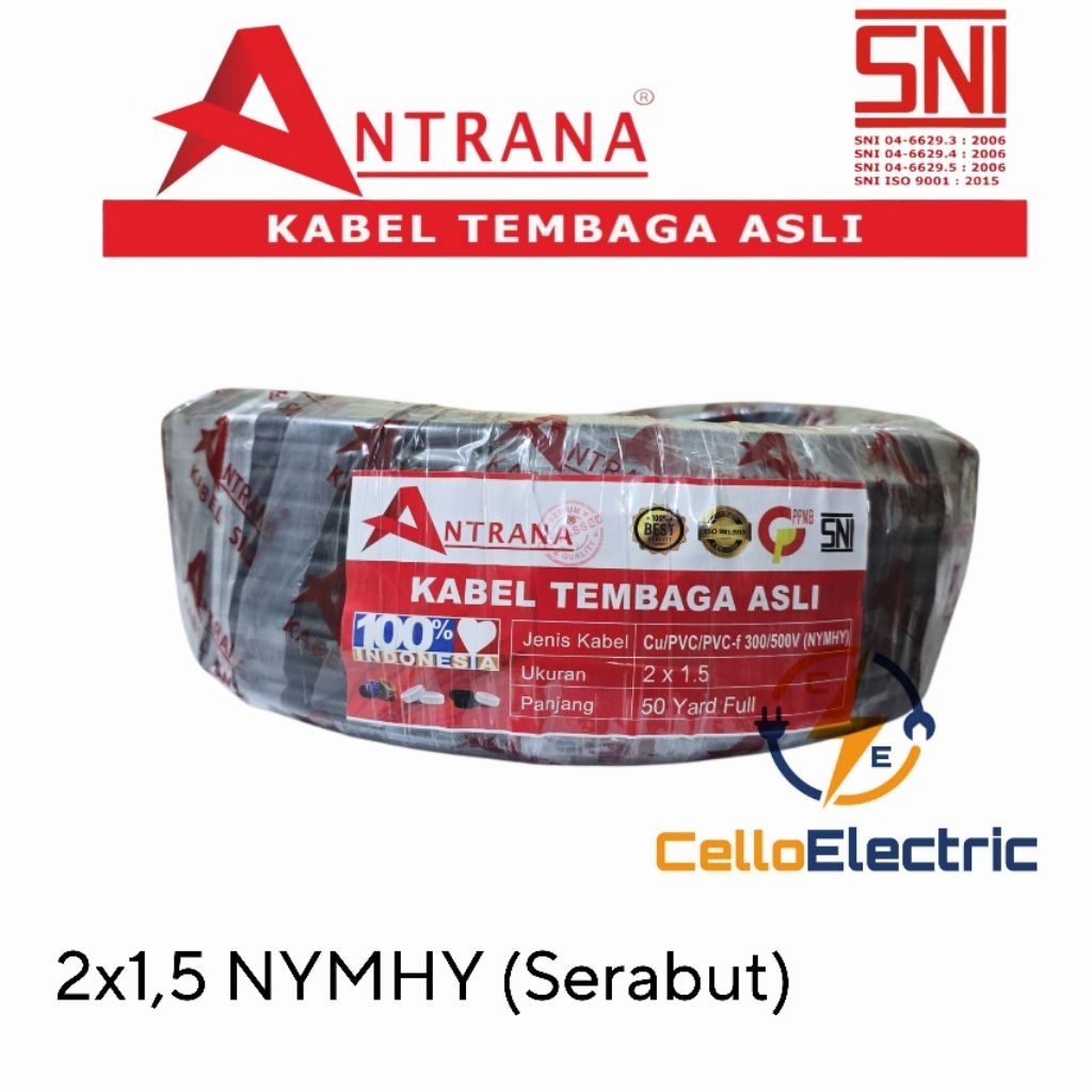 Kabel Antrana 2x1,5 NYMHY Serabut (1 Roll 50 Y) - Kabel Serabut Antrana 2 x 1,5 NYMHY Tembaga