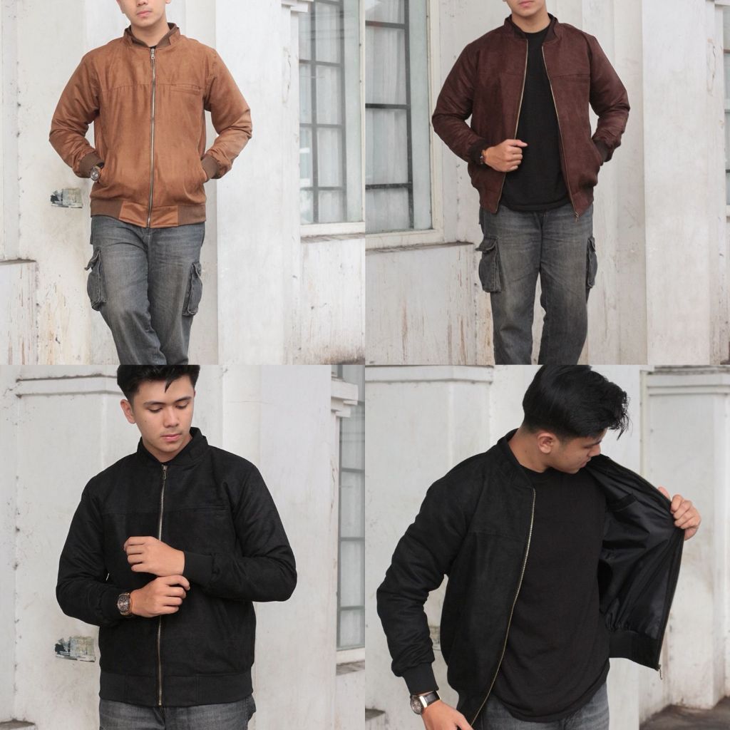 Jaket Bomber Suede Double Kerah