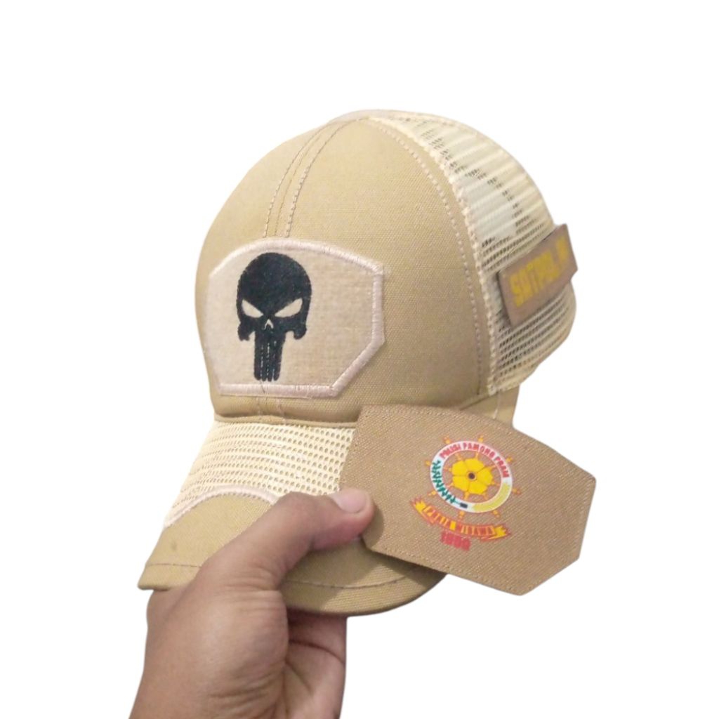 Topi Tactical Coak Jaring satpol pp x logo Punisher bordir warna cream