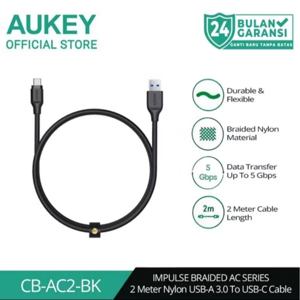 AUKEY ORIGINAL Kabel Charger Kevlar Nylon 2 Meter Usb 3.0 to Usb C