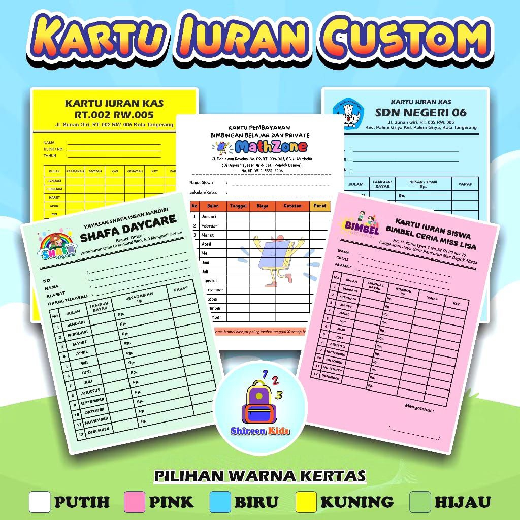 

Kartu Iuran Costum / spp / infaq / syahriah / iuran bulanan / iuran sampah / kas kelas / les / bimbel iuran warga / iuran sekolah Kartu Kita