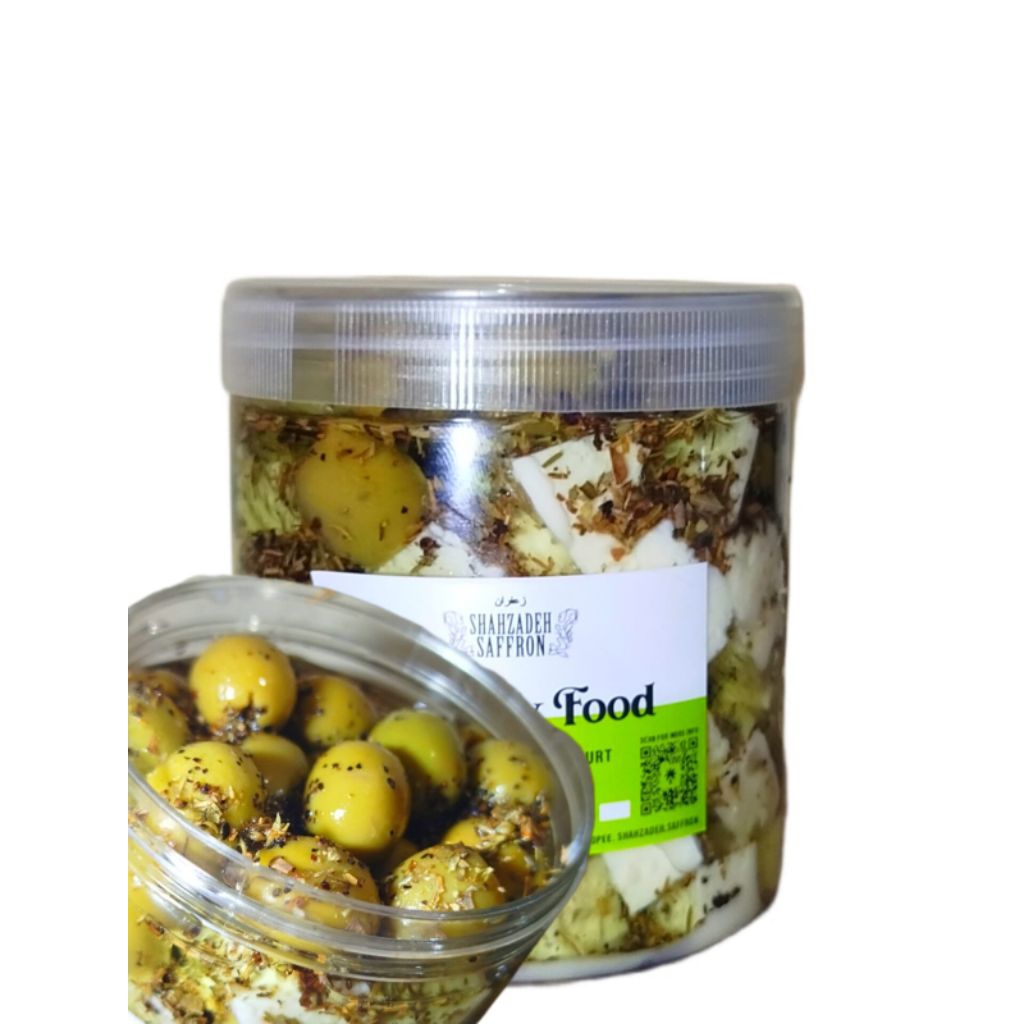 

Feta cheese in Olive oil with Green Olive and herbs No sugar No salt 250gr