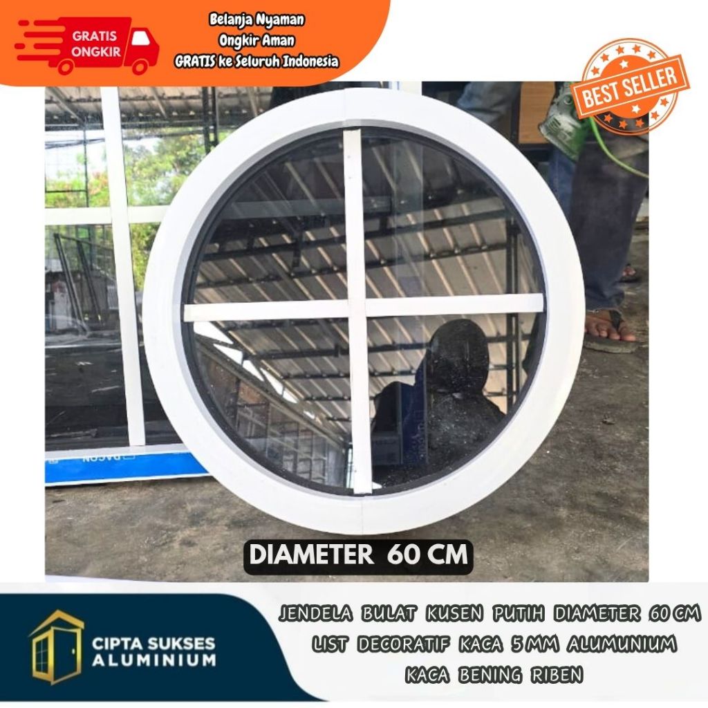 JENDELA BUNDAR BULAT DIAMETER 60 CM ALUMINIUM kusen putih FREE PALET KAYU bergaransi csa kusen putih