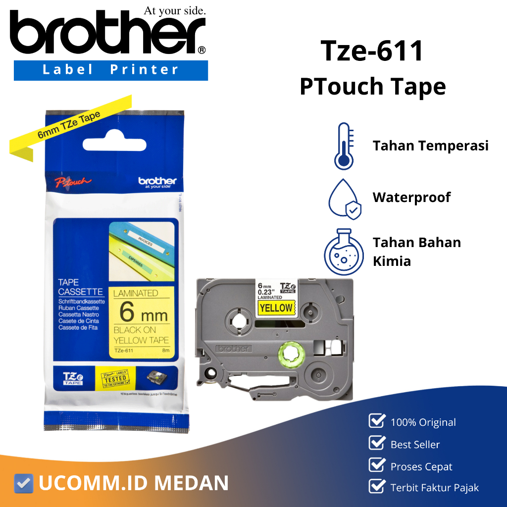 

BROTHER Label Tape TZe-611 Tze 611 Tze611 Black On Yellow 6MM Laminated Tape Brother Label 6mm Original Brother